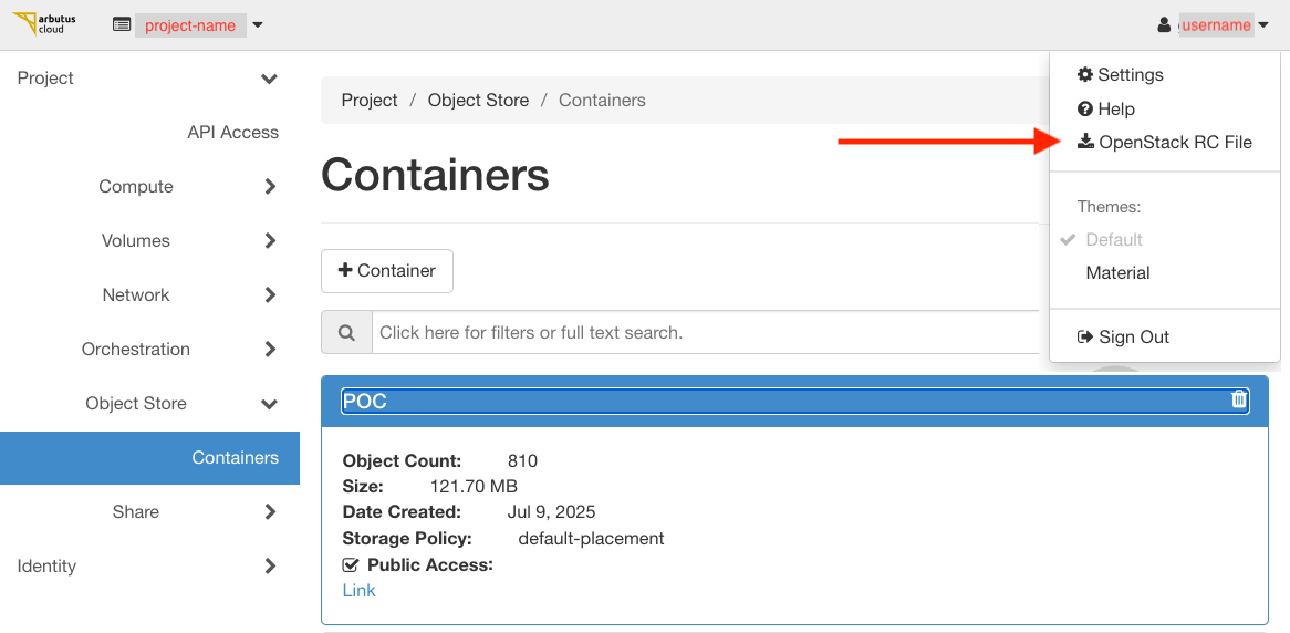 Arbutus Dashboard for Object Storage tab